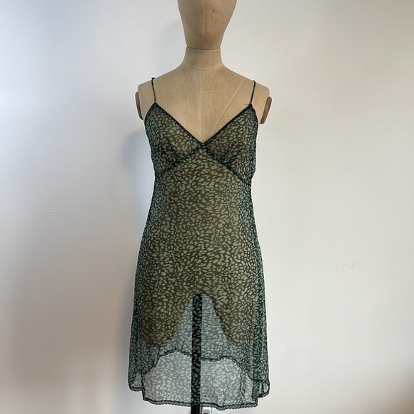 Sparkle & Fade Silk Dress Small Green Black Spotted Leopard Sheer Lace Chiffon - Picture 1 of 16